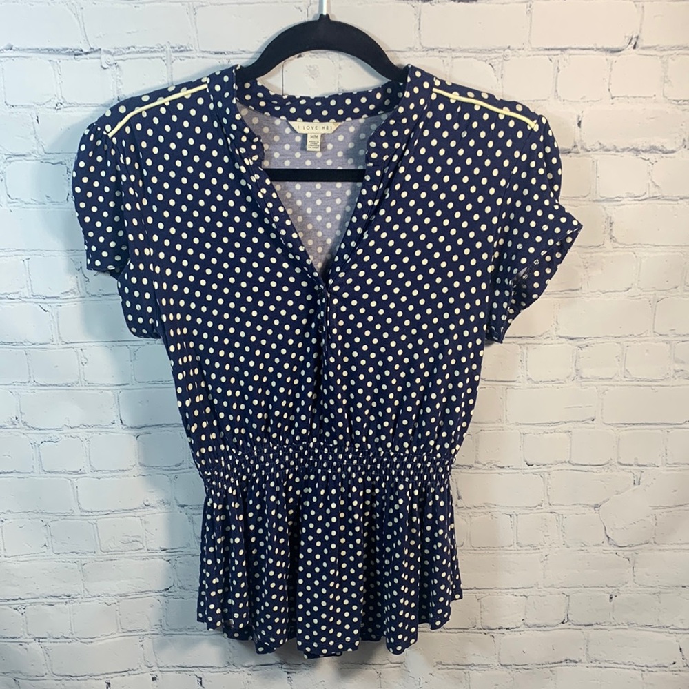 🦋 Forever 21 Navy/White Polka Dot Top Med - Cinched Elastic Waist SUPER CUTE 🦋